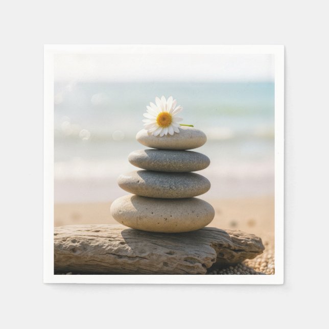 Daisy on a Stone Beach Cairn With Driftwood Napkin (Front)