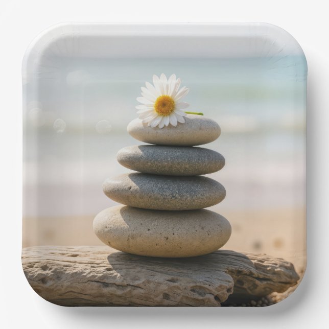 Daisy on a Stone Beach Cairn With Driftwood Paper Plate (Front)