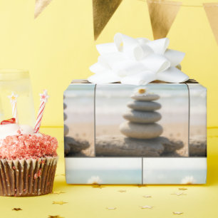 Daisy on a Stone Beach Cairn With Driftwood Wrapping Paper