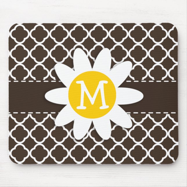 Daisy on Bistre Brown Quatrefoil Mouse Pad (Front)