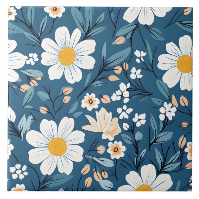 Daisy on Blue Floral Flower Tile (Front)