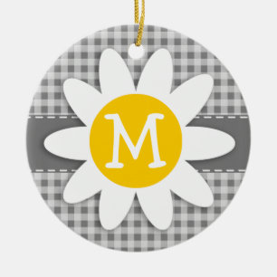 Daisy on Grey Gingham Ceramic Tree Decoration