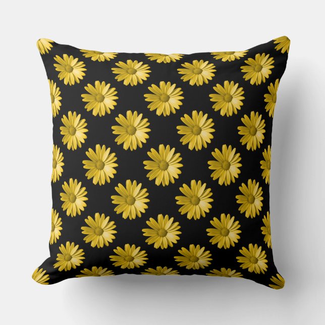 Daisy Pattern - Amber on Black Cushion (Front)