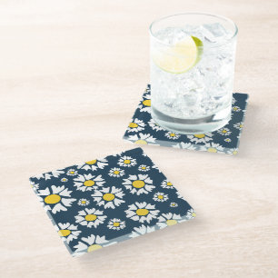 Daisy Pattern, Floral Pattern, White Daisies Glass Coaster