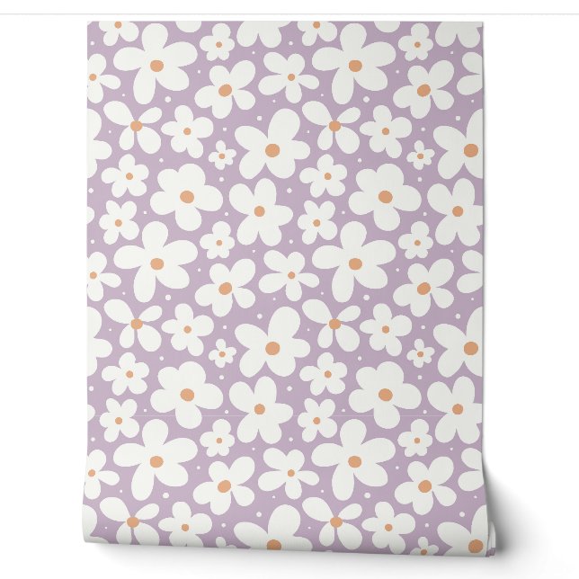 Daisy Pattern Groovy Preppy Floral Retro Lavender Wallpaper (Unrolling)