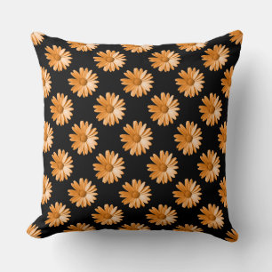 Daisy Pattern - Light Orange on Black Cushion