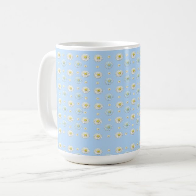 Daisy Pattern on light blue background  Coffee Mug (Front Left)