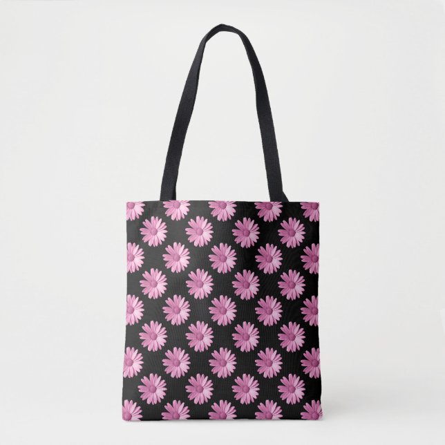 Daisy Pattern - Pink on Black Tote Bag (Front)