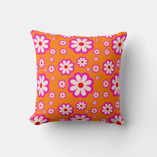 Daisy Pattern Pink& Orange 70s BOHO Floral Retro Cushion (Front)