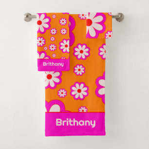 Daisy Pattern Pink& Orange 70s Retro Floral Name Bath Towel Set