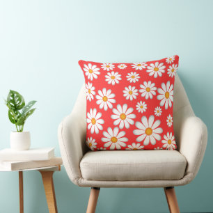 Daisy Pattern - Red & White Cheerful Floral Design Cushion