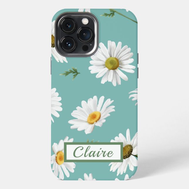 Daisy Pattern, Teal Background, Personalised iPhone Case (Back)