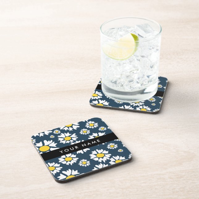 Daisy Pattern, White Daisies, Your Name Coaster (Right Side)