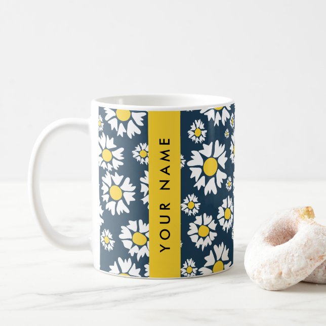 Daisy Pattern, White Daisies, Your Name Coffee Mug (With Donut)