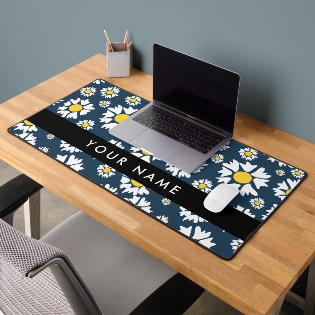 Daisy Pattern, White Daisies, Your Name Desk Mat (Office 2)
