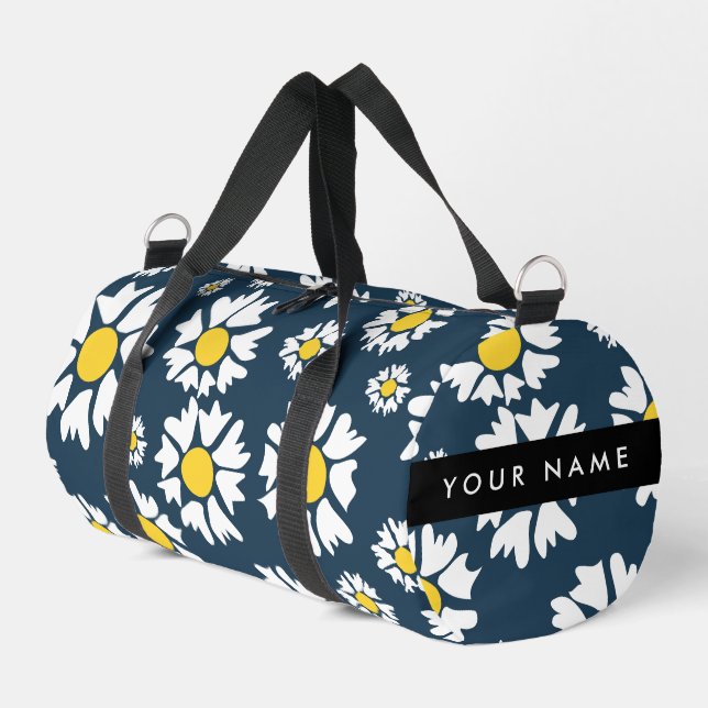 Daisy Pattern, White Daisies, Your Name Duffle Bag (Left Corner)