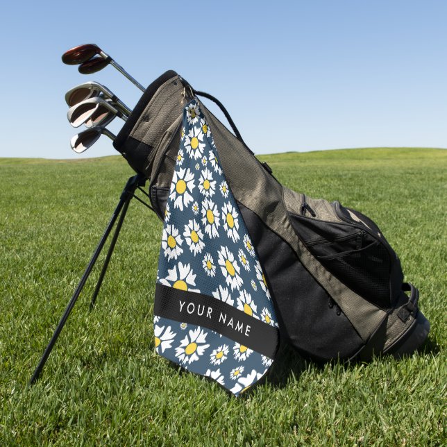 Daisy Pattern, White Daisies, Your Name Golf Towel (Green)