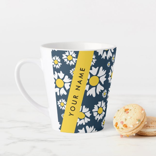 Daisy Pattern, White Daisies, Your Name Latte Mug (In Situ)