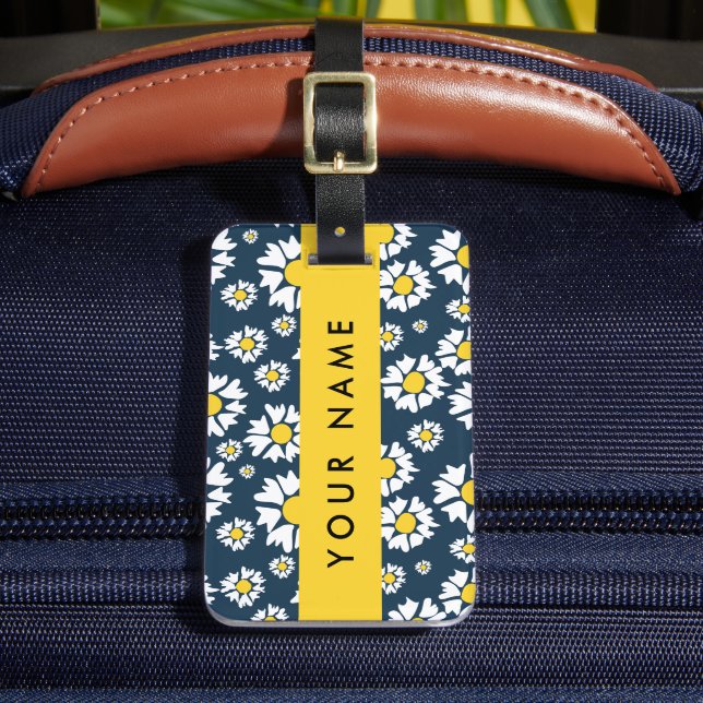 Daisy Pattern, White Daisies, Your Name Luggage Tag (Front Insitu 2)