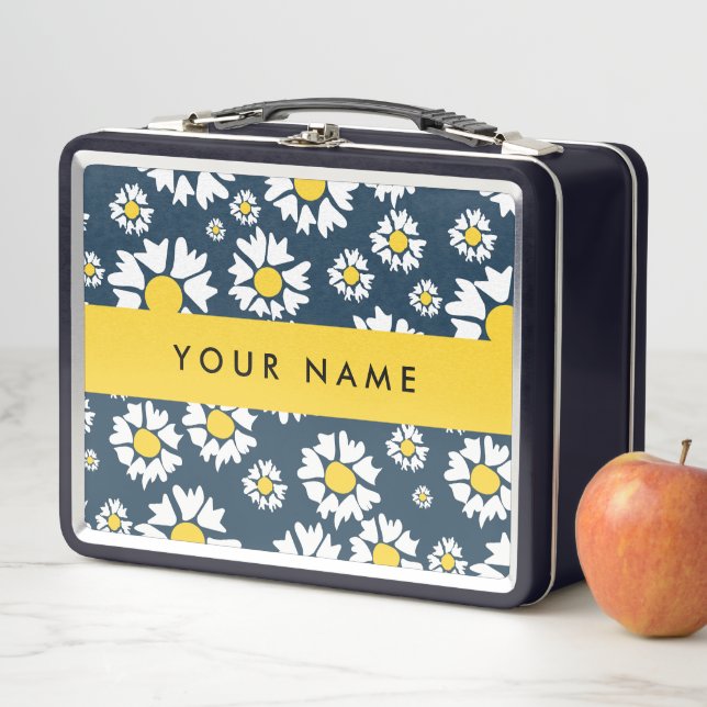 Daisy Pattern, White Daisies, Your Name Metal Lunch Box (In Situ)
