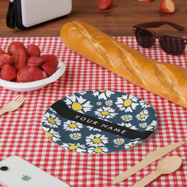 Daisy Pattern, White Daisies, Your Name Paper Plate (Picnic)