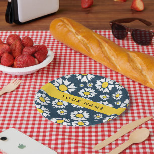 Daisy Pattern, White Daisies, Your Name Paper Plate