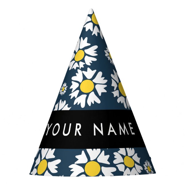 Daisy Pattern, White Daisies, Your Name Party Hat (Front)