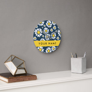 Daisy Pattern, White Daisies, Your Name Round Clock