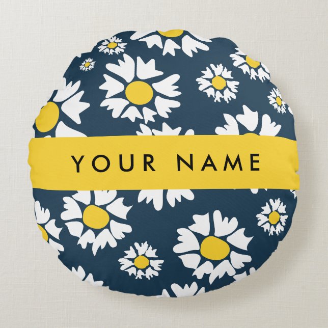 Daisy Pattern, White Daisies, Your Name Round Cushion (Front)