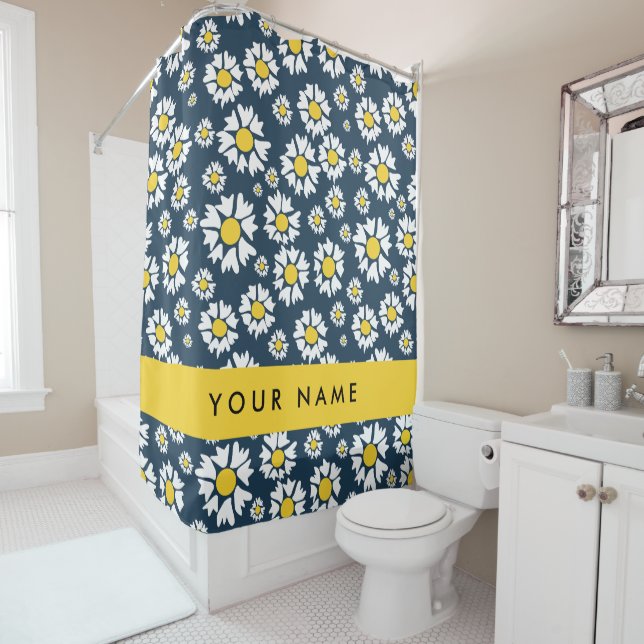 Daisy Pattern, White Daisies, Your Name Shower Curtain (In Situ)