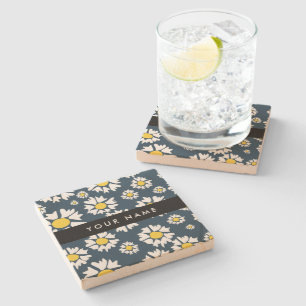 Daisy Pattern, White Daisies, Your Name Stone Coaster