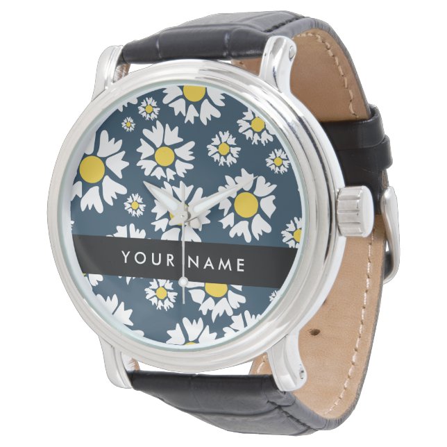 Daisy Pattern, White Daisies, Your Name Watch (Angled)