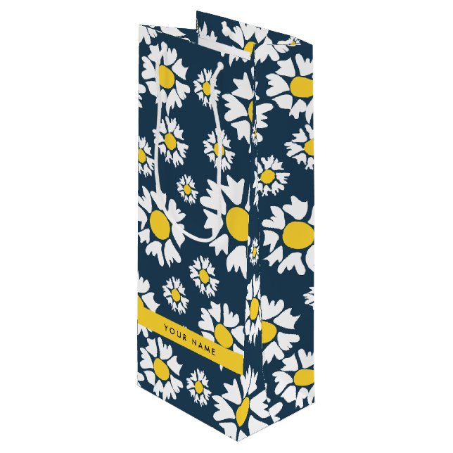 Daisy Pattern, White Daisies, Your Name Wine Gift Bag (Front Angled)