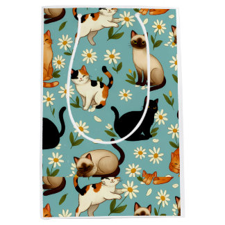 Daisy Paws Parade – Playful Cats & Blooms Medium Gift Bag
