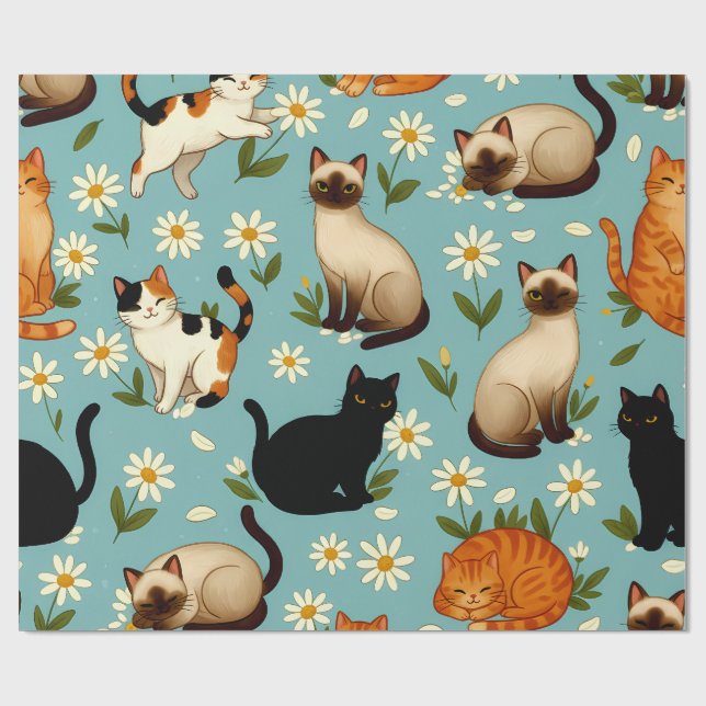 Daisy Paws Parade – Playful Cats & Blooms Wrapping Paper (Flat)