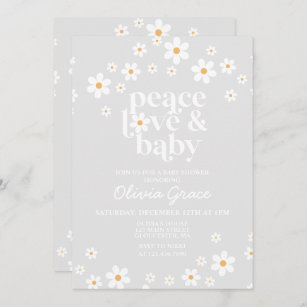 Daisy Peace Love Baby Shower Retro Grey Floral Invitation