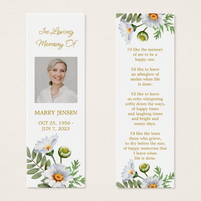 Daisy Photo Funeral Memorial Bookmark (Front & Back)