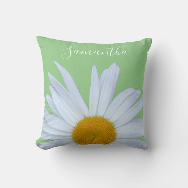 Daisy Photo Green Elegant White Script Cushion (Front)