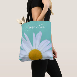 Daisy Photo Teal Green Elegant White Script Tote Bag