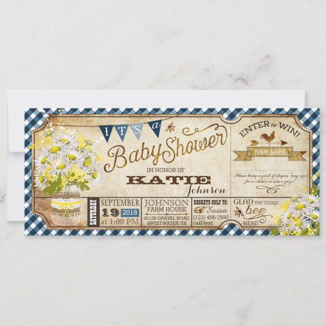 Daisy Picnic Navy Gingham Check Baby Shower Invitation (Front)