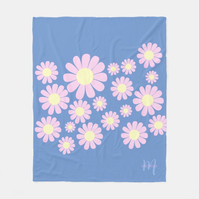 Daisy Pink Blue  Fleece Blanket (Front)