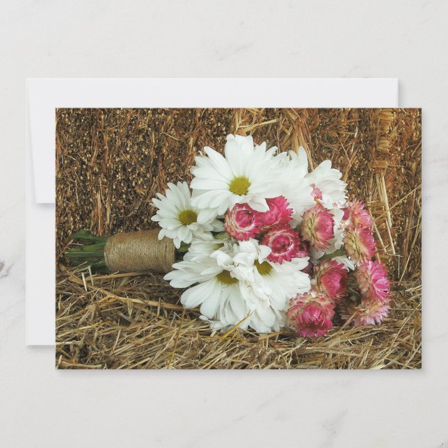 Daisy & Pink Bouquet & Hay Country Wedding Invite (Front)