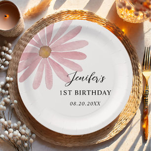 Daisy Pink Girl First Birthday Party  Paper Plate
