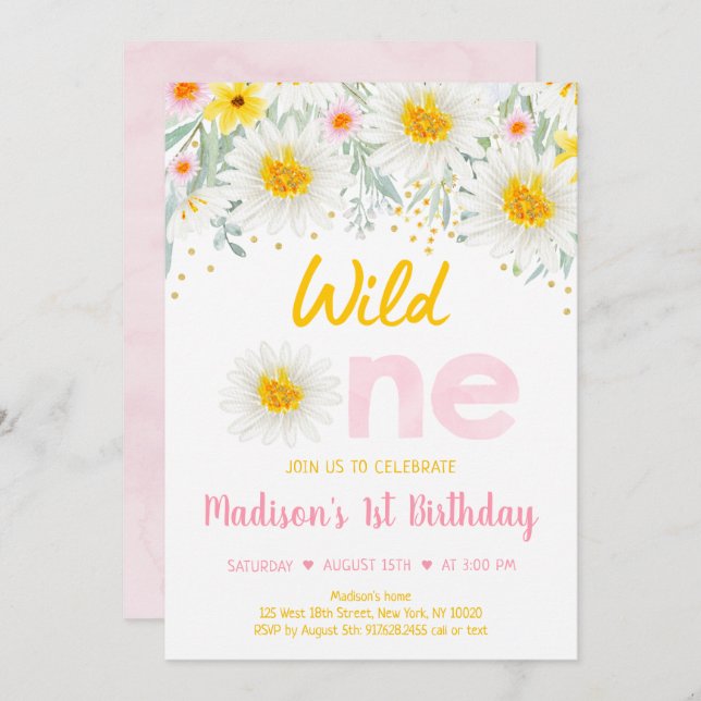 Daisy Pink Gold Wild One First Birthday Invitation (Front/Back)