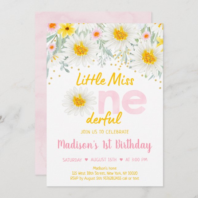 Daisy Pink Gold Wild One First Birthday Invitation (Front/Back)