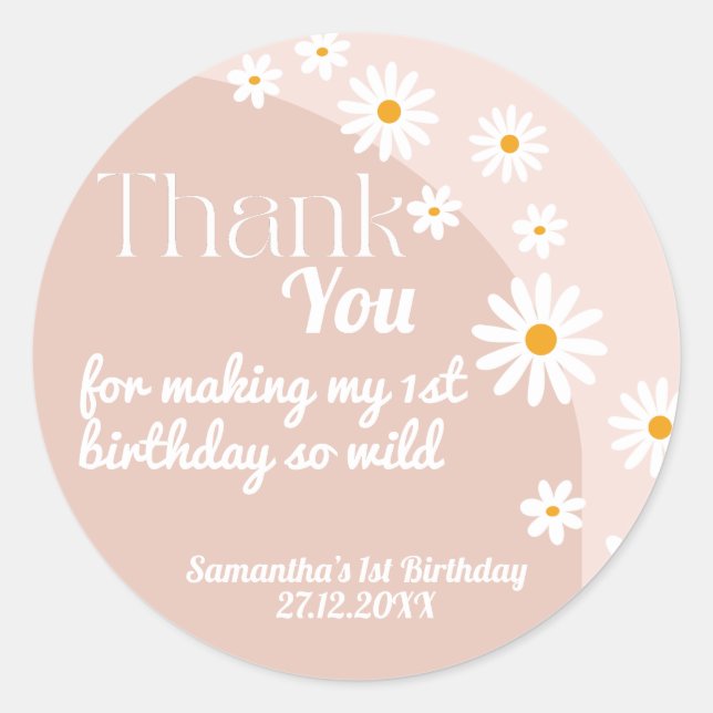 Daisy pink wild one Girl 1st Birthday Thank Classic Round Sticker (Front)