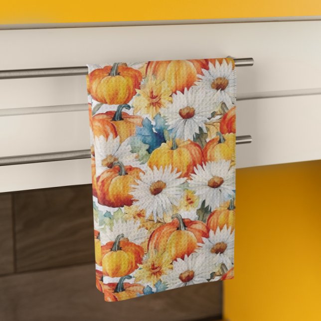 Daisy Pumpkin Autumn Thanksgiving  Floral Tea Towel (Creator Uploaded)