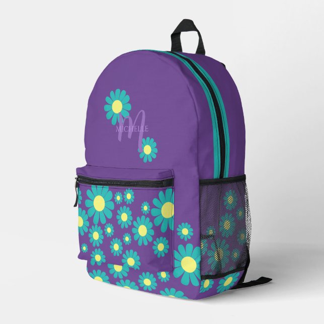 Daisy Purple Teal Printed Backpack (Back Corner Right)