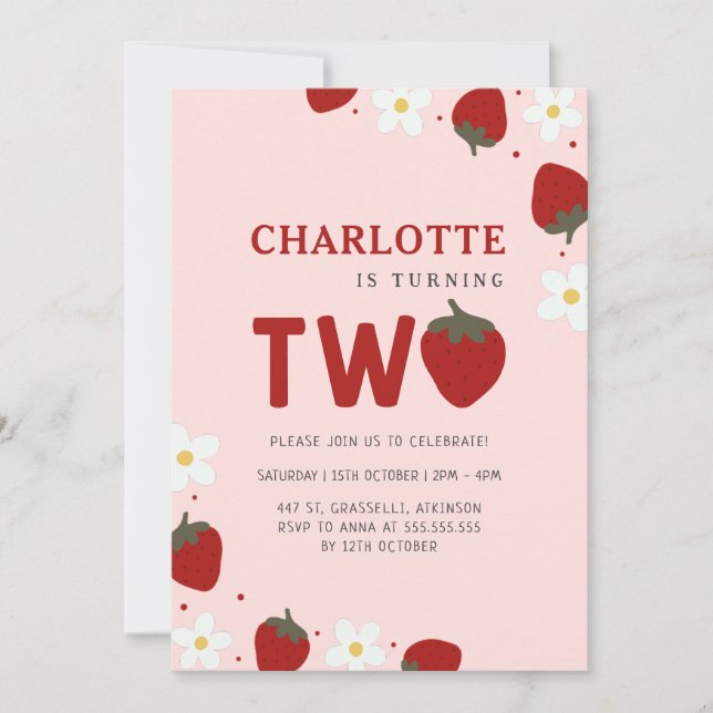 Daisy Red Strawberry 2nd Summer Birthday Invitation (Front)