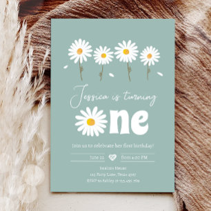 Daisy Retro Boho Party Dusty Blue First Birthday Invitation